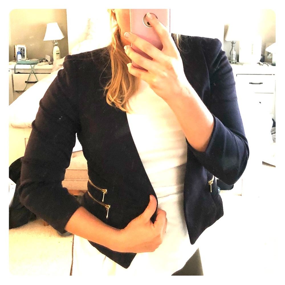 Navy H&M Blazer with Gold Zipper Detail